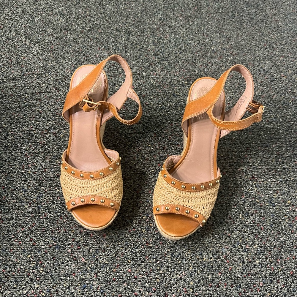 VINCE CAMUTO Neutral Brown & Cream Straw Open-Toe Stud Espadrilles Wedges Shoes - Picture 7 of 16